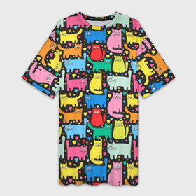 Платье-футболка 3D с принтом Разноцветные котики в Кировске,  |  | blue | cat | cool | green | heart | kitten | multi colored | paws | pink | points | red | tail | torso | white | yellow | белый | желтый | зеленый | кот | котёнок | котик | котэ | кошка | красный | лапы | прикольный | разноцветный | розовый | се