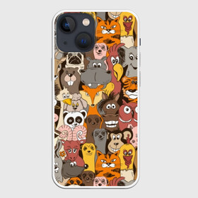 Чехол для iPhone 13 mini с принтом Прикольные зверушки в Кировске,  |  | bear | cat | dinosaur | dog | elephant | giraffe | monkey | owl | panda | penguin | pig | tiger | баран | бегемот | белка | динозавр | животное | жираф | заяц | звери | зверушки | кот | лев | лиса | лошадь | медведь | олень | осел | панда | петух