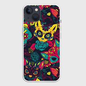 Чехол для iPhone 13 с принтом Кошачий День Мёртвых в Кировске,  |  | black | bright | cat | cool | ethnic | funny | holiday | kitten | kitty | mask | mexico | national | red | rose | turquo | yellow | бирюзовый | желтый | киса | кот | котёнок | котэ | кошка | красный | крутой | маска | мексика | национальный | праз