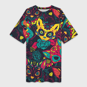 Платье-футболка 3D с принтом Кошачий День Мёртвых в Кировске,  |  | black | bright | cat | cool | ethnic | funny | holiday | kitten | kitty | mask | mexico | national | red | rose | turquo | yellow | бирюзовый | желтый | киса | кот | котёнок | котэ | кошка | красный | крутой | маска | мексика | национальный | праз