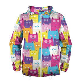 Мужская ветровка 3D с принтом Разноцветные котики в Кировске, 100% полиэстер | подол и капюшон оформлены резинкой с фиксаторами, два кармана без застежек по бокам, один потайной карман на груди | blue | cat | colorful | cool | cute | funny | kitten | orange | paws | pink | purple | smile | tail | torso | white | yellow | белый | желтый | забавный | кот | котёнок | котик | котэ | кошка | лапы | милый | оранжевый | прикольный | разноцветны