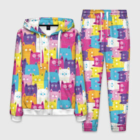 Мужской костюм 3D с принтом Разноцветные котики в Кировске, 100% полиэстер | Манжеты и пояс оформлены тканевой резинкой, двухслойный капюшон со шнурком для регулировки, карманы спереди | blue | cat | colorful | cool | cute | funny | kitten | orange | paws | pink | purple | smile | tail | torso | white | yellow | белый | желтый | забавный | кот | котёнок | котик | котэ | кошка | лапы | милый | оранжевый | прикольный | разноцветны