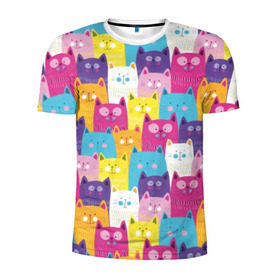 Мужская футболка 3D спортивная с принтом Разноцветные котики в Кировске, 100% полиэстер с улучшенными характеристиками | приталенный силуэт, круглая горловина, широкие плечи, сужается к линии бедра | Тематика изображения на принте: blue | cat | colorful | cool | cute | funny | kitten | orange | paws | pink | purple | smile | tail | torso | white | yellow | белый | желтый | забавный | кот | котёнок | котик | котэ | кошка | лапы | милый | оранжевый | прикольный | разноцветны