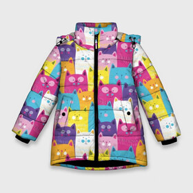 Зимняя куртка для девочек 3D с принтом Разноцветные котики в Кировске, ткань верха — 100% полиэстер; подклад — 100% полиэстер, утеплитель — 100% полиэстер. | длина ниже бедра, удлиненная спинка, воротник стойка и отстегивающийся капюшон. Есть боковые карманы с листочкой на кнопках, утяжки по низу изделия и внутренний карман на молнии. 

Предусмотрены светоотражающий принт на спинке, радужный светоотражающий элемент на пуллере молнии и на резинке для утяжки. | blue | cat | colorful | cool | cute | funny | kitten | orange | paws | pink | purple | smile | tail | torso | white | yellow | белый | желтый | забавный | кот | котёнок | котик | котэ | кошка | лапы | милый | оранжевый | прикольный | разноцветны