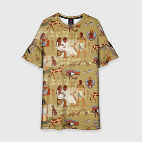Детское платье 3D с принтом Египетские Боги в Кировске, 100% полиэстер | прямой силуэт, чуть расширенный к низу. Круглая горловина, на рукавах — воланы | Тематика изображения на принте: beetle | boat | cat | cow | egypt | eye | falcon | gods | hieroglyph | osiris | papyrus | pharaoh | ra | river | scarab | styx | боги | глаз | египет | жук | иероглиф | корова | кот | лодка | око | осирис | папирус | ра | река | скарабей | сокол | стикс |