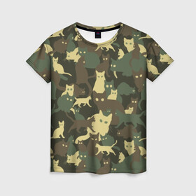 Женская футболка 3D с принтом Кошачий камуфляж в Кировске, 100% полиэфир ( синтетическое хлопкоподобное полотно) | прямой крой, круглый вырез горловины, длина до линии бедер | Тематика изображения на принте: animal | camouflage | cat | funny | green | khaki | marsh | silhouette | болотный | животное | забавный | зеленый | камуфляж | кот | котик | силуэт | хаки