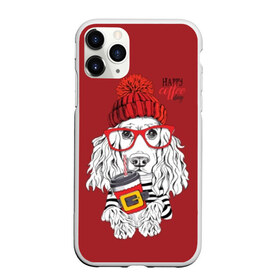 Чехол для iPhone 11 Pro матовый с принтом Happy coffee day в Кировске, Силикон |  | animal | breed | coffee | coffee lover | dog | hat | red | slogan | spaniel | text | white | белый | животное | кофе | кофеман | красный | очки | порода | слоган | собака | спаниель | текст | шапка