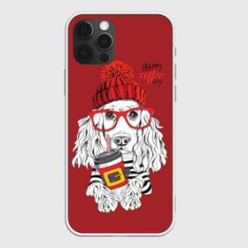 Чехол для iPhone 12 Pro Max с принтом Happy coffee day в Кировске, Силикон |  | animal | breed | coffee | coffee lover | dog | hat | red | slogan | spaniel | text | white | белый | животное | кофе | кофеман | красный | очки | порода | слоган | собака | спаниель | текст | шапка