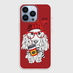 Чехол для iPhone 13 Pro с принтом Happy coffee day в Кировске,  |  | animal | breed | coffee | coffee lover | dog | hat | red | slogan | spaniel | text | white | белый | животное | кофе | кофеман | красный | очки | порода | слоган | собака | спаниель | текст | шапка