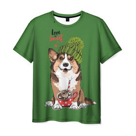 Мужская футболка 3D с принтом Love is sweet в Кировске, 100% полиэфир | прямой крой, круглый вырез горловины, длина до линии бедер | animal | breed | brown | corgi | cute | dog | funny | green | hat | heart | slogan | text | white | белый | животное | забавный | зеленый | корги | коричневый | милый | пёс | порода | сердце | слоган | собака | текст | шапка