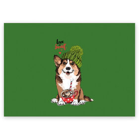 Поздравительная открытка с принтом Love is sweet в Кировске, 100% бумага | плотность бумаги 280 г/м2, матовая, на обратной стороне линовка и место для марки
 | Тематика изображения на принте: animal | breed | brown | corgi | cute | dog | funny | green | hat | heart | slogan | text | white | белый | животное | забавный | зеленый | корги | коричневый | милый | пёс | порода | сердце | слоган | собака | текст | шапка