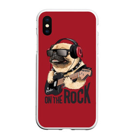 Чехол для iPhone XS Max матовый с принтом On the rock в Кировске, Силикон | Область печати: задняя сторона чехла, без боковых панелей | Тематика изображения на принте: animal | black | breed | cool | dog | guitar | headphones | motto | music | pug | red | rock | rock star | slogan | text | гитара | девиз | животное | красный | крутой | мопс | музыка | наушники | очки | порода | рок | рок звезда | слоган | соба