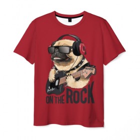 Мужская футболка 3D с принтом On the rock в Кировске, 100% полиэфир | прямой крой, круглый вырез горловины, длина до линии бедер | Тематика изображения на принте: animal | black | breed | cool | dog | guitar | headphones | motto | music | pug | red | rock | rock star | slogan | text | гитара | девиз | животное | красный | крутой | мопс | музыка | наушники | очки | порода | рок | рок звезда | слоган | соба