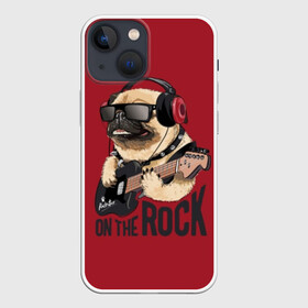 Чехол для iPhone 13 mini с принтом On the rock в Кировске,  |  | animal | black | breed | cool | dog | guitar | headphones | motto | music | pug | red | rock | rock star | slogan | text | гитара | девиз | животное | красный | крутой | мопс | музыка | наушники | очки | порода | рок | рок звезда | слоган | соба