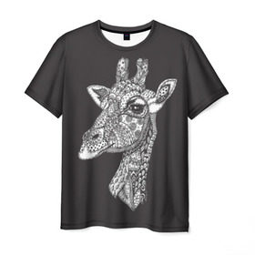 Мужская футболка 3D с принтом Жираф в Кировске, 100% полиэфир | прямой крой, круглый вырез горловины, длина до линии бедер | Тематика изображения на принте: animal | black | drawing | ethnic | eyes | giraffe | look | muzzle | pattern | safari | white | zendudl | белый | взгляд | глаза | животное | жираф | зендудл | рисунок | сафари | узор | черный | этнический