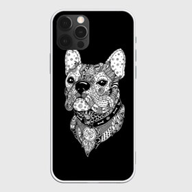 Чехол для iPhone 12 Pro Max с принтом Бульдог в Кировске, Силикон |  | animal | black | bone | breed | bulldog | collar | dog | drawing | ethnic | eyes | look | muzzle | pattern | white | zendudl | белый | бульдог | взгляд | глаза | животное | зендудл | кость | ошейник | пёс | порода | рисунок | собака | узор | черны