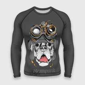 Мужской рашгард 3D с принтом Steampunk Style в Кировске,  |  | animal | boxer | breed | dog | gray | headset | muzzle | steampunk | style | tank | white | yellow | белый | боксёр | желтый | животное | очки | порода | серый | собака | стиль | стимпанк | танковый | шлемофон