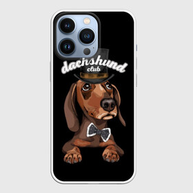 Чехол для iPhone 13 Pro с принтом Такса в цилиндре в Кировске,  |  | animal | black | bowtie | breed | brown | cool | cylinder | dachshund | dog | gentleman | muzzle | white | белый | галстук  бабочка | джентльмен | животное | коричневый | порода | прикольный | собака | такса | цилиндр | черный