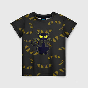 Детская футболка 3D с принтом Смотрящий кот в Кировске, 100% гипоаллергенный полиэфир | прямой крой, круглый вырез горловины, длина до линии бедер, чуть спущенное плечо, ткань немного тянется | 3d | абстракция | анимация | глаза | желтые | смотрящий  кот | черный