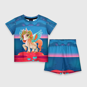 Детский костюм с шортами 3D с принтом Милый единорог в Кировске,  |  | pony | грива | девочка | единорог | конь | копыта | красивая | лошадка | лошадь | милая | пони | природа закат | радуга