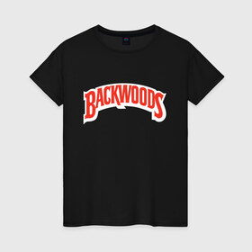 Женская футболка хлопок с принтом backwoods в Кировске, 100% хлопок | прямой крой, круглый вырез горловины, длина до линии бедер, слегка спущенное плечо | backwoods | баквудс | бренд | буквы | название | слово