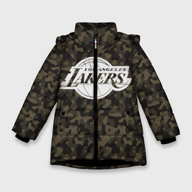 Зимняя куртка для девочек 3D с принтом Los Angeles Lakers Camo в Кировске, ткань верха — 100% полиэстер; подклад — 100% полиэстер, утеплитель — 100% полиэстер. | длина ниже бедра, удлиненная спинка, воротник стойка и отстегивающийся капюшон. Есть боковые карманы с листочкой на кнопках, утяжки по низу изделия и внутренний карман на молнии. 

Предусмотрены светоотражающий принт на спинке, радужный светоотражающий элемент на пуллере молнии и на резинке для утяжки. | camo | lakers | los angeles lakers | nba | баскетбол | камуфляж | лос анджелес лейкерс | нба | спорт | хаки