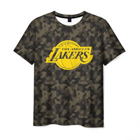 Мужская футболка 3D с принтом Los Angeles Lakers Camo Gold в Кировске, 100% полиэфир | прямой крой, круглый вырез горловины, длина до линии бедер | 
