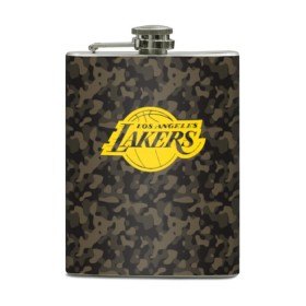 Фляга с принтом Los Angeles Lakers Camo Gold в Кировске, металлический корпус | емкость 0,22 л, размер 125 х 94 мм. Виниловая наклейка запечатывается полностью | Тематика изображения на принте: 