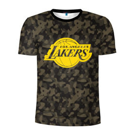 Мужская футболка 3D спортивная с принтом Los Angeles Lakers Camo Gold в Кировске, 100% полиэстер с улучшенными характеристиками | приталенный силуэт, круглая горловина, широкие плечи, сужается к линии бедра | Тематика изображения на принте: 