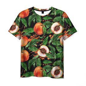 Мужская футболка 3D с принтом Персики в Кировске, 100% полиэфир | прямой крой, круглый вырез горловины, длина до линии бедер | Тематика изображения на принте: аромат | зелень | лето | листья | персик | плоды | сад | сочный | спелый | фрукты | цветы