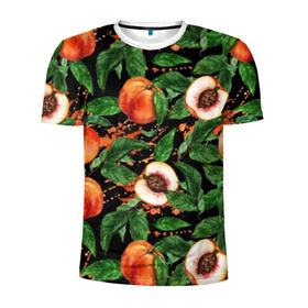 Мужская футболка 3D спортивная с принтом Персики в Кировске, 100% полиэстер с улучшенными характеристиками | приталенный силуэт, круглая горловина, широкие плечи, сужается к линии бедра | аромат | зелень | лето | листья | персик | плоды | сад | сочный | спелый | фрукты | цветы