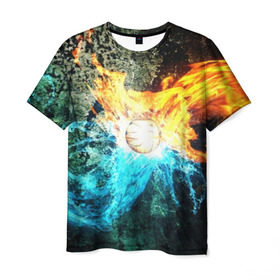 Мужская футболка 3D с принтом Альфа и Омега в Кировске, 100% полиэфир | прямой крой, круглый вырез горловины, длина до линии бедер | битва огней | битва стихий | взрыв | вода | лед и пламя | лучи | огонь | огонь и вода | пламя | скала | текстура | энергия