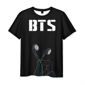 Мужская футболка 3D с принтом BTS(наушники в руке) в Кировске, 100% полиэфир | прямой крой, круглый вырез горловины, длина до линии бедер | bangtan boys | beyond the scene | bts | бтс | группа | музыка | песни | южнокорейский бойбенд