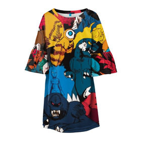 Детское платье 3D с принтом Годзилла в Кировске, 100% полиэстер | прямой силуэт, чуть расширенный к низу. Круглая горловина, на рукавах — воланы | godzilla | king of the monsters | годзила | годзилла 2 | король монстров