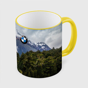 Кружка с принтом BMW в Кировске, керамика | ёмкость 330 мл | asphalt | bmw | clouds | forest | mountains | nature | road | route | sky | snow | top | асфальт | бмв | вершина | горы | дорога | лес | небо | облака | природа | снег | трасса