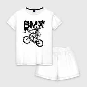 Женская пижама с шортиками хлопок с принтом BMX в Кировске, 100% хлопок | футболка прямого кроя, шорты свободные с широкой мягкой резинкой | bike | bmx | bones | extreme | skeleton | skull | sport | велосипед | скелет | спорт | череп | экстрим
