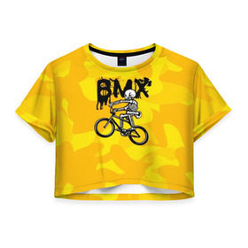 Женская футболка Cropp-top с принтом BMX в Кировске, 100% полиэстер | круглая горловина, длина футболки до линии талии, рукава с отворотами | bike | bmx | bones | extreme | skeleton | skull | sport | велосипед | скелет | спорт | череп | экстрим