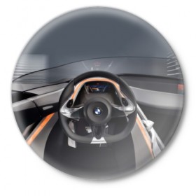 Значок с принтом BMW в Кировске,  металл | круглая форма, металлическая застежка в виде булавки | bmw | car | car interior | steering | windshield | автомобиль | бмв | лобовое стекло | руль | салон