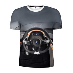Мужская футболка 3D спортивная с принтом BMW в Кировске, 100% полиэстер с улучшенными характеристиками | приталенный силуэт, круглая горловина, широкие плечи, сужается к линии бедра | bmw | car | car interior | steering | windshield | автомобиль | бмв | лобовое стекло | руль | салон