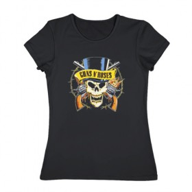 Женская футболка хлопок с принтом Guns N’ Roses в Кировске, 100% хлопок | прямой крой, круглый вырез горловины, длина до линии бедер, слегка спущенное плечо | американская | группа | дафф маккаган | иззи стрэдлин | рок | слэш | хард | хард рок | хеви метал | эксл роуз