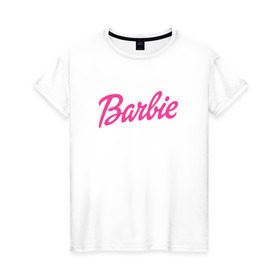 Женская футболка хлопок с принтом Barbie в Кировске, 100% хлопок | прямой крой, круглый вырез горловины, длина до линии бедер, слегка спущенное плечо | Тематика изображения на принте: bad | barbie | bratz | girl | princess | team | барби | братц | девочка | дочка | дочь | кукла | куколка | лого | логотип | любимая | невеста | подружка | прекрасная
