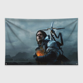 Флаг-баннер с принтом Сэм - DEATH STRANDING в Кировске, 100% полиэстер | размер 67 х 109 см, плотность ткани — 95 г/м2; по краям флага есть четыре люверса для крепления | cliff | death | game | games | hideo | kojima | logo | mads | mikkelsen | norman | porter | reedus | sam | stranding | дес | игра | игры | клифф | кодзима | лого | миккельсен | портер | ридус | стрендинг | сэм | хидео