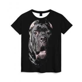 Женская футболка 3D с принтом Мастиф в Кировске, 100% полиэфир ( синтетическое хлопкоподобное полотно) | прямой крой, круглый вырез горловины, длина до линии бедер | animal | black | collar | dog | friend | look | man | muzzle | взгляд | друг | животное | мастиф | ошейник | пёс | собака | человека | черный