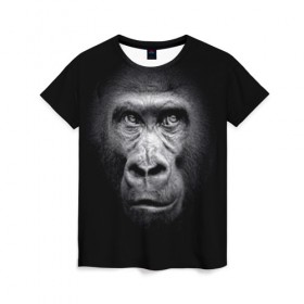 Женская футболка 3D с принтом Горилла в Кировске, 100% полиэфир ( синтетическое хлопкоподобное полотно) | прямой крой, круглый вырез горловины, длина до линии бедер | animal | black | eyes | fauna | gorilla | gray | look | monkey | muzzle | primate | взгляд | глаза | горилла | животное | обезьяна | примат | серый | фауна | черный