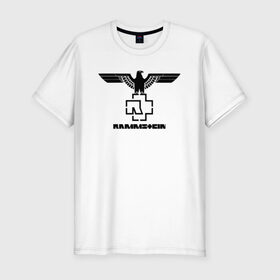 Мужская футболка премиум с принтом RAMMSTEIN в Кировске, 92% хлопок, 8% лайкра | приталенный силуэт, круглый вырез ворота, длина до линии бедра, короткий рукав | metallica | music | rammstein | rock | металл | металлика | музыка | раммштайн | рок | рок группа