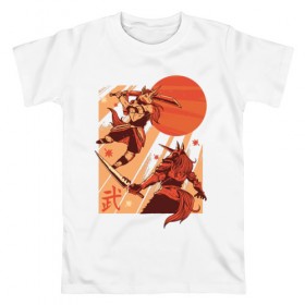 Мужская футболка хлопок с принтом Битва Единорогов в Кировске, 100% хлопок | прямой крой, круглый вырез горловины, длина до линии бедер, слегка спущенное плечо. | unicorn | единорог | ниндзя | самураи | самурай | япония