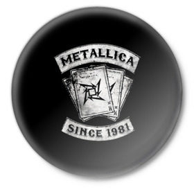 Значок с принтом Metallica в Кировске,  металл | круглая форма, металлическая застежка в виде булавки | album | black | concert | heavy | kirk | metal | metallica | music | rock | tolls | джеймс хэтфилд | кирк хэмметт | клифф бёртон | ларс ульрих | метал | металлика | трэш