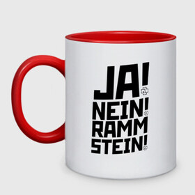 Кружка двухцветная с принтом RAMMSTEIN в Кировске, керамика | объем — 330 мл, диаметр — 80 мм. Цветная ручка и кайма сверху, в некоторых цветах — вся внутренняя часть | du hast | mein herz | rammstein | rammstein rock | ramstein | группа rammstein | концерт рамштайн | рамштайн | рамштайн дойчланд | тилль линдеманн | у хаст