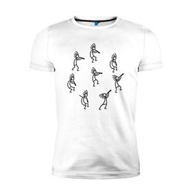 Мужская футболка премиум с принтом Кокопелли в Кировске, 92% хлопок, 8% лайкра | приталенный силуэт, круглый вырез ворота, длина до линии бедра, короткий рукав | божество | дудочка | индейцы | кокопелли | танец | человечек | человечки