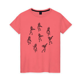 Женская футболка хлопок с принтом Кокопелли в Кировске, 100% хлопок | прямой крой, круглый вырез горловины, длина до линии бедер, слегка спущенное плечо | божество | дудочка | индейцы | кокопелли | танец | человечек | человечки